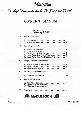 McCulloch Mini Mac Hedge Trimmer & All Purpose Drill Owners Manual 89787-R2 1975 • $10.99