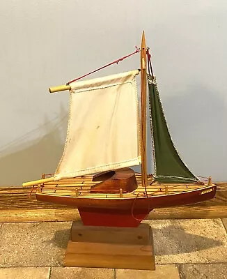 Wooden Disply Model Sailboat Pond Boat Cloth Sails 18” By 18” Vintage • $44.99