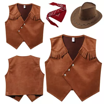 UK Brown Kid Boy Western Cowboy Cosplay Costume Tassels Vest Party Dress Up Tops • £12.49