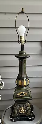 Mid Century Continental Art Company Lamp Chalkware Large Ornate Green Gold 70's • $169.99