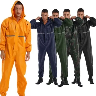 Men Waterproof Coveralls Hooded Rain Suit Reflective Raincoat Jumpsuit Workwear • $34.62