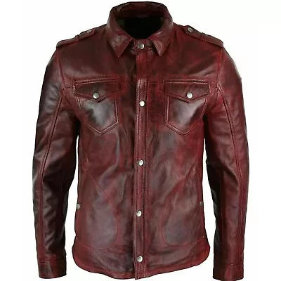 Men's Real Burgundy Lambskin Genuine Leather Shirt Stylish Biker Jacket Shirt  • $119.99