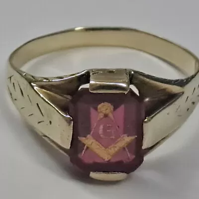 Vintage 10k Yellow Gold Ruby & Enamel Masonic Masons Compass Ring Sz 10 • $325