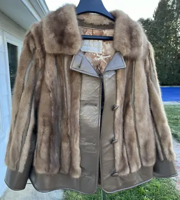 Mink Fur Leather Coat Vintage 70's Jacket Striped Paneled Brown • $275