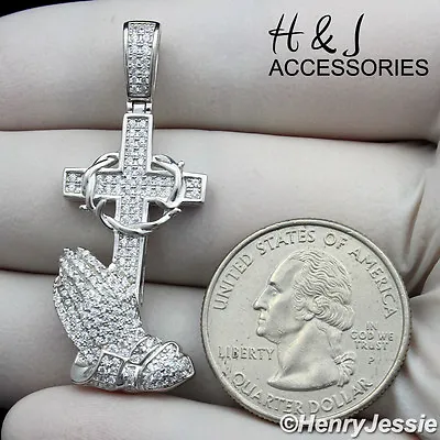 Men 925 Sterling Silver Icy Bling Cz 3d Praying Hands Cross Pendant*sp134 • $39.99