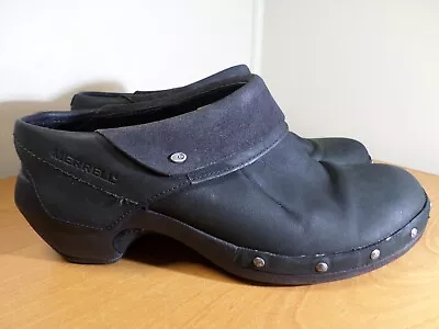 Merrell Womens Size 8.5 Luxe Wrap Black Leather Slip On Mules Oiled Nubuck- NICE • $19.99