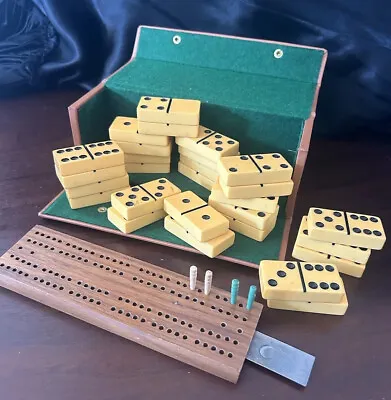 Vintage MCM Bakelite Dominoes Set 28 Tiles In Wooden Box Complete • $94.85
