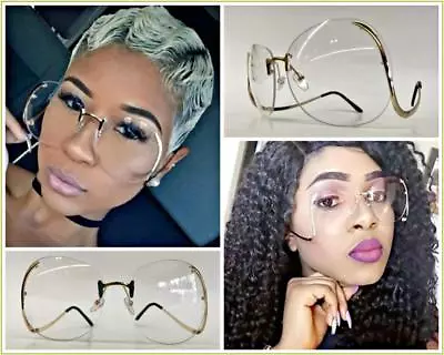 OVERSIZED EXAGGERATED RETRO Clear Lens SUN GLASSES Large Big Gold Rimless Frames • $14.99