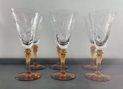6 Tiffin  Vintage Etched Amber Stem Wine Or Water Glasses • $80