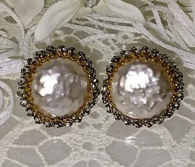 Stylish Miriam Haskell Baroque Pearl Cabochon & Rose Montee Earrings • $90