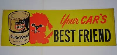 1960s VINTAGE MFA OIL SIGN OIL CAN ADVERTISING SIGN MFA GOLD BOND DOG GRAPHIC • $199.99