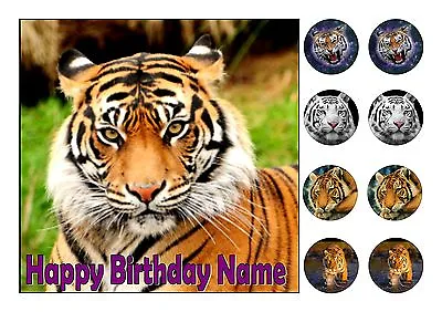 TIGERS ANIMALS CAKE TOPPER SQUARE EDIBLE ICED ICING 7.5 Ins  + 8 CUPCAKE TOPPERS • £4.25