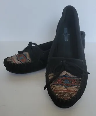 Minnetonka Womens Moccasins Size 8.5 Black Suede El Paso Kilty Southwest Style • $19.96