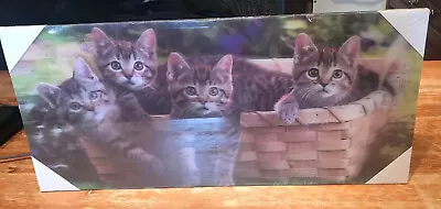 Canvas Hologram Picture Litter Of Kittens In Basket Wall Hanging Print. • £20