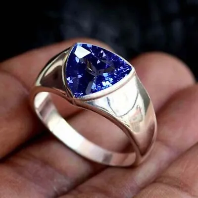 925 Sterling Silver Engagement Mens Bold Natural Trillion Faceted Tanzanite Ring • $41.24