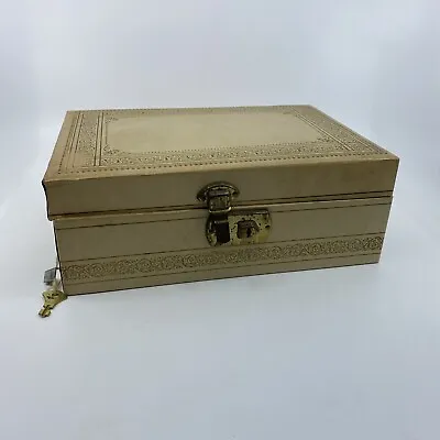 Vintage Mele Jewelry Box W/Key 2Tier Cream With Gold Accents Red Velvet Lining • $32