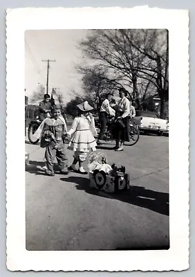 Vintage Original Photo Halloween Children Costumes On Street Clown Bicycles 1949 • $15.95