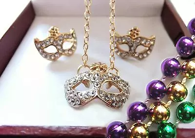 3-PC Mardi Gras Paved Crystal Gold Plated Mask Pendant Earrings & Necklace Set • $10.99