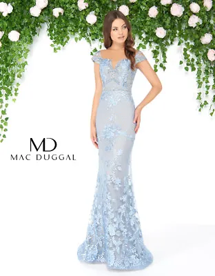 MAC DUGGAL Powder Blue Nude Metallic Beaded Lace Applique Trumpet Gown Shawl 14 • $374.25