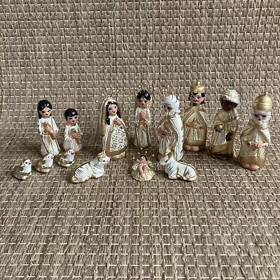 Mexico Pottery Small Painted 14 Piece Nativity Set Hand Painted Gold Folk Art • $13