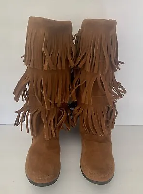 Minnetonka Boots Women’s Size 8 Moccasin Boho Leather Suede Brown Triple Fringe • $20.99