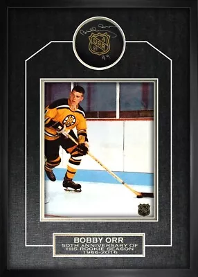 Bobby Orr 50th Anniversary Rookie Season Autographed Puck With Plaque. COA • $220