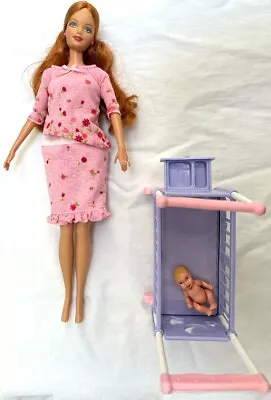 Barbie Pregnant Midge Doll Baby PINK DRESS PURPLE CRIB Happy Family No Stomach • $74.99