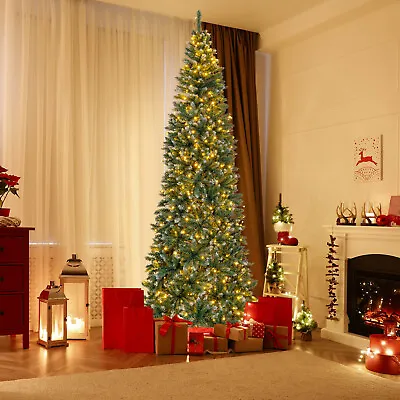 9 FT Pre Lit Christmas Tree Hinged Slim Pencil PVC Leaves Xmas W/ 500 LED Lights • $169.99