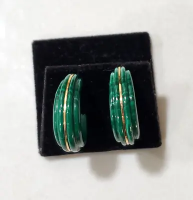 Gorgeous 14k Yellow Gold Malachite Half Hoop Stud Earrings • $299.34