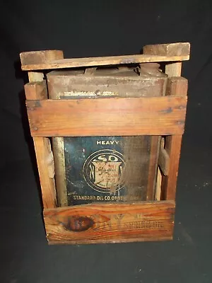 Vintage SOCONY Square 5 Gal Oil Can W/ Wood Dispensing Crate • $129