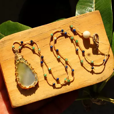 Handmade Natural Mother Of Pearl Micro Macrame Teardrop Reiki Crystal Necklace • $13.95