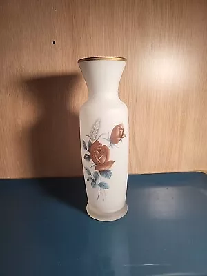 Vintage White Frosted Glass Bud Vase  Rose W/Gold Trim 8.25  • $4.99