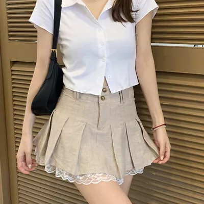 Women Lace Hem Gothic Pleated Mini Skirt Layered Kilt Skater High Waist • $27.81