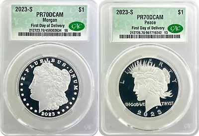 2023 $1 S Proof Silver Morgan Dollar And Peace Dollar 2 Coin Set CAC PR70 FDOD • $157.50