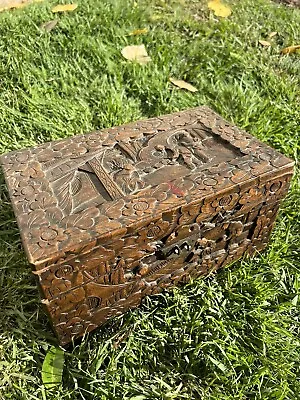 Antique Sailing Lock Box Hong Kong Hand Carved Yu Ting Good Luck Chest • £96.38