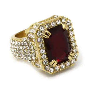 Anillo Chapado En Oro 14K De Circonia Cúbica Rojo Hip Hop Regalo Para Hombres • $25.09