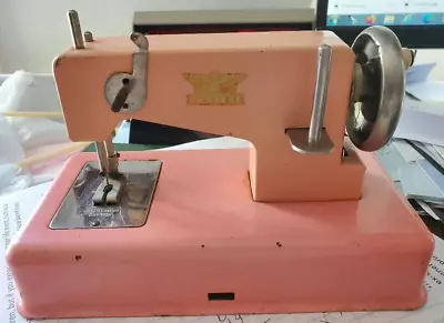 Vintage PINK CASIGE German Miniature Child Toy Hand Crank Sewing Machine • $29