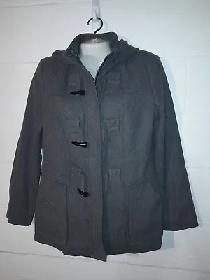 MERONA Womens Jacket M Gray Hooded Long Sleeve Toggle Peacoat Wool • $5.99
