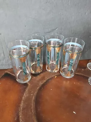 Vintage Culver Athens Greek Green Gold Columbus Highball Tall Glasses • $39