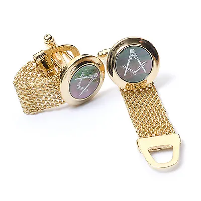 Stunning Boxed Masonic Black Onyx Cufflinks With Gold Chain Strap Craft Gift • £23.99