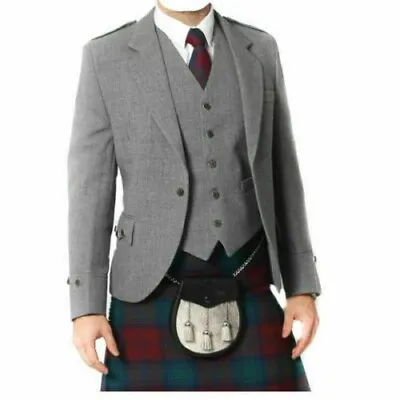 £65 • Buy Men's Grey Wool Argyle Kilt Jacket With Waistcoat Scottish Wedding Kilt Jacket