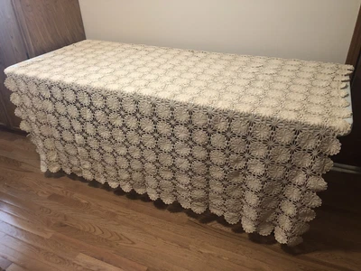 $26 • Buy Vtg Hand Crocheted Beige Cotton Tablecloth, 72 X 62 Rectangle, Very Nice Cond!