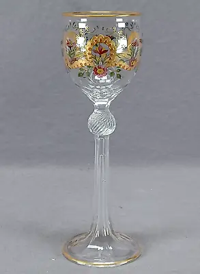 Bohemian Moser Type Enameled Art Nouveau Pink & Blue Floral & Gold Wine Glass • $595