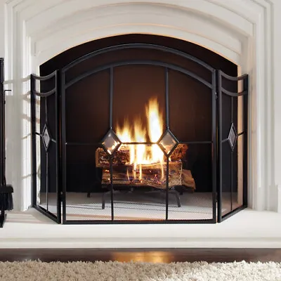 3-Panel Fireplace Screen Arched Diamond Steel Heavy Duty Gate Glass Accents • $123.41