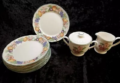 Epoch Market Day Salad Plates Creamer Sugar Bowl Fruit Pattern Green Trim Korea • $85