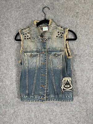 Drop DeaD Vest Women Medium Blue Cut Off Grunge Denim Vest Stuffed Tiger Studded • $70.99