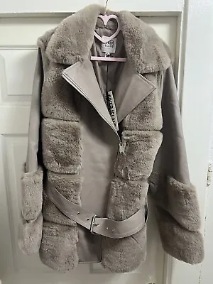 Bnwt River Island Faux Leather And Fur Panel Jacket Coat Uk 18 • £60