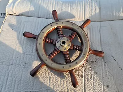 Vintage Maritime Nautical Boat Wooden & Brass Ship Wheel 17  Steering Wheel  • $225