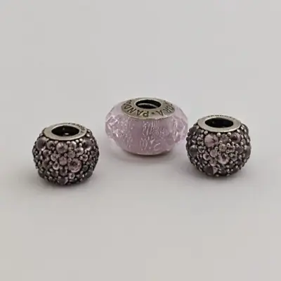 $44.99 • Buy Genuine 3x Pandora Charms Silver Pink Glass Shimmering Droplets Sparkle CZ ALE