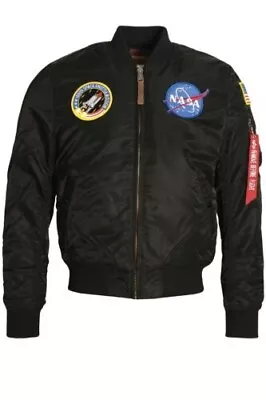 Alpha Industries Bomber Jacket NASA Logo Zip MA-1 Flight Jacket In Black- Med Sz • $150